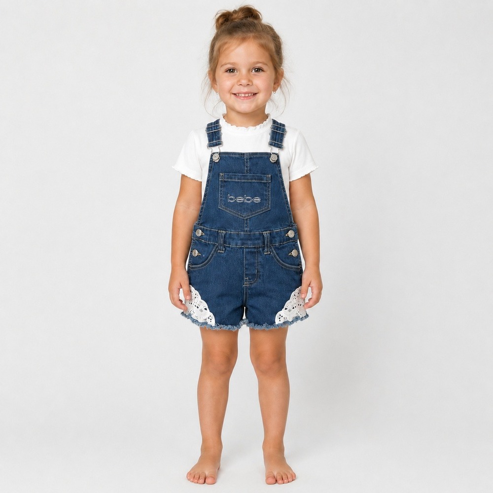 Bebe Girls Denim Shortalls 4T Blue Lace Logo Overalls Adjustable Straps